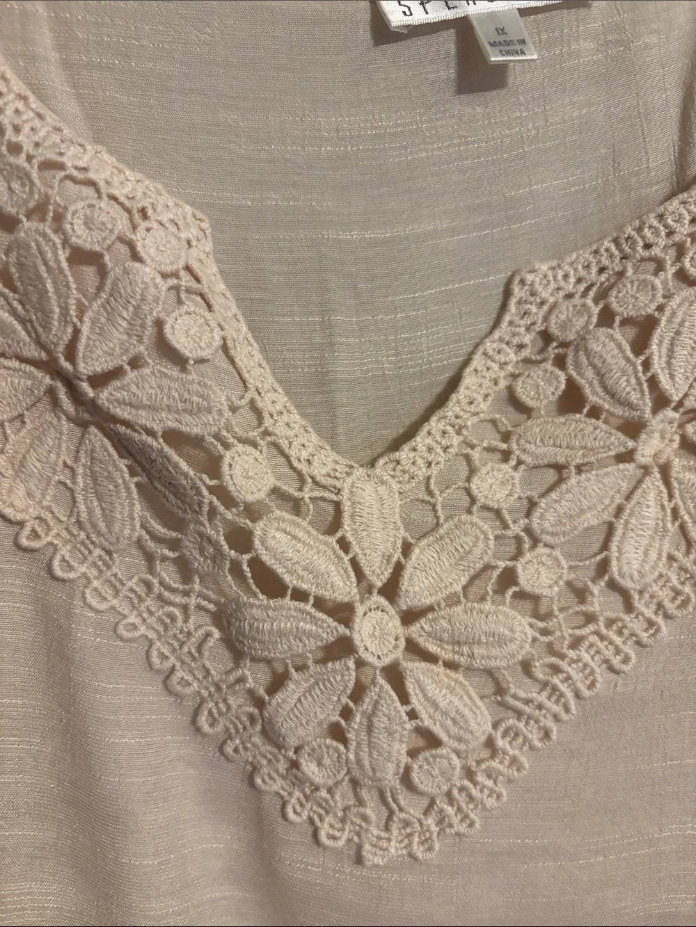 Spense Pale Blush Crochet V-Neck Tunic Top